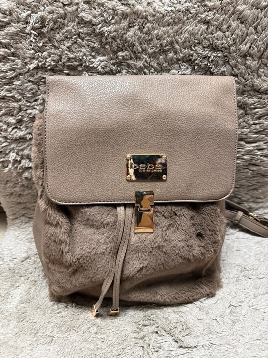 bebe Taupe Faux-Fur Backpack with Gold Hardware main image 9